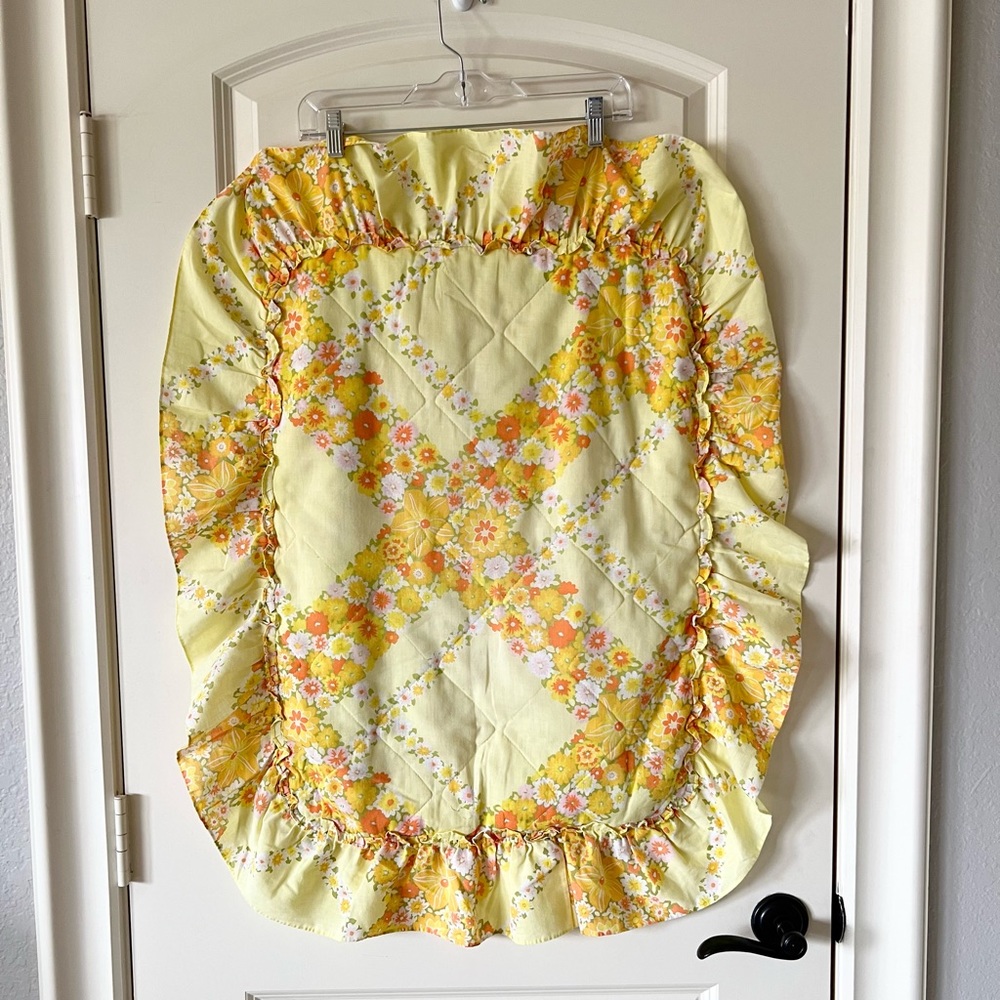 Vtg 70s Sears Perma Prest Quilted Yellow Floral Ruffle Pillow Sham Cottagecore